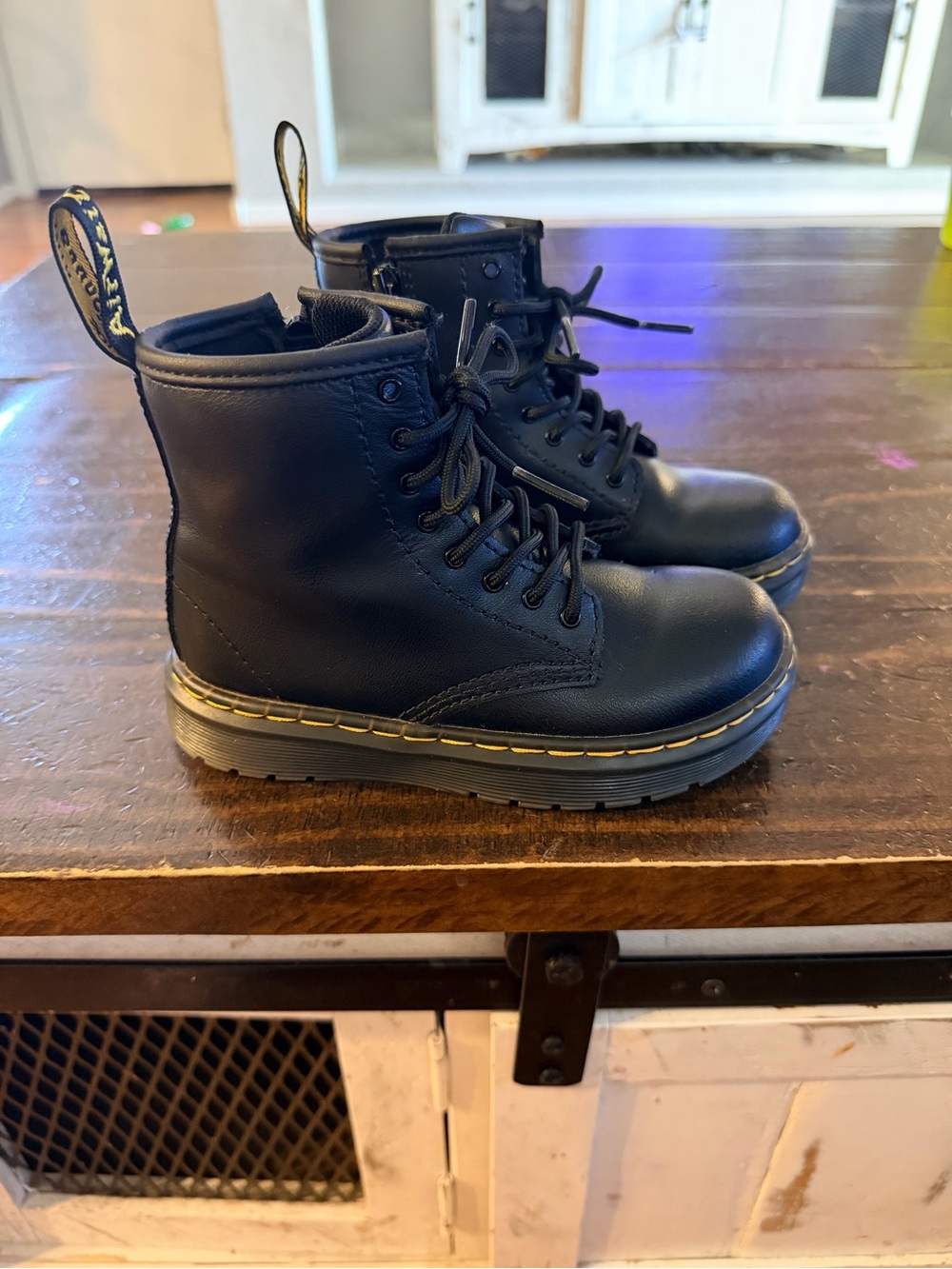 Dr. Martens Kids Black Lace-Up Combat Boots with Yellow Stitching